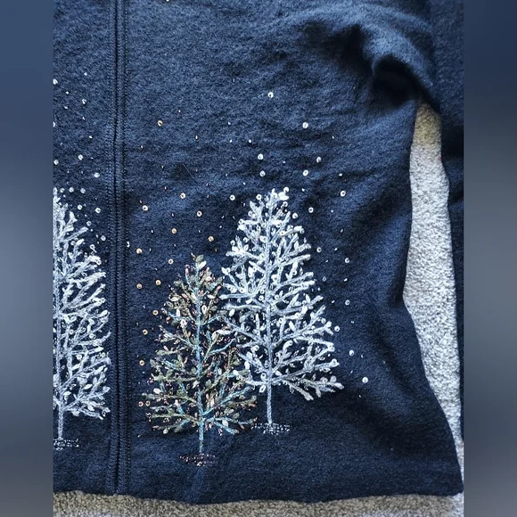 NWT Coldwater Creek XL Black Wool Cardigan Sweater Embellished Trees - Picture 4 of 16